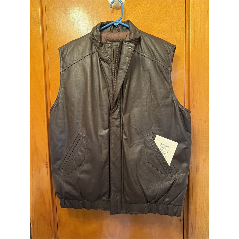 Eddie Bauer Mens Leather Goose Down Puffer Vest XL Brown Full Zip Pockets
